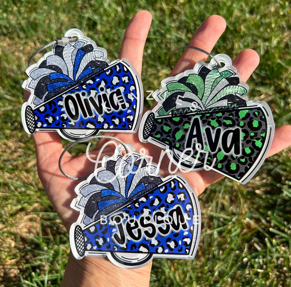 Blank Acrylic cheer Pom and megaphone tag for the leopard design