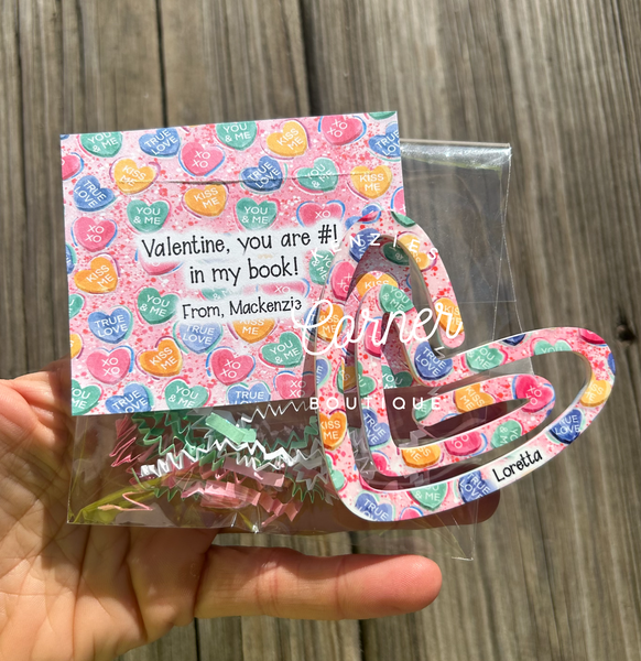 Customized Acrylic paper clip bookmark heart with conversation heart design