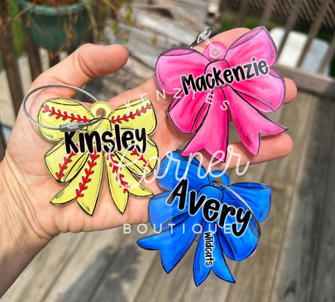 Customized colors and softball BOW bag tag