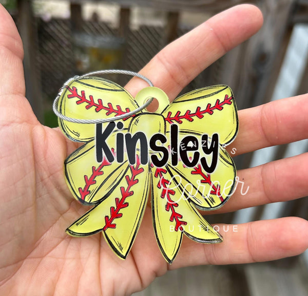 Customized colors and softball BOW bag tag