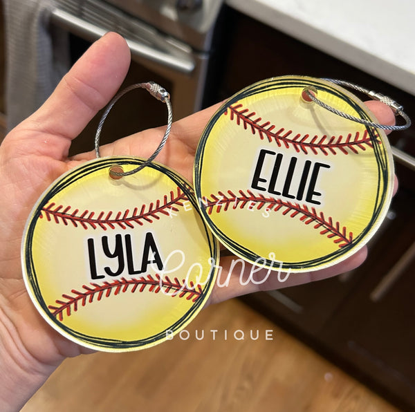 Customized Sport bag tag softball, basketball, baseball, soccer, volleyball, golf