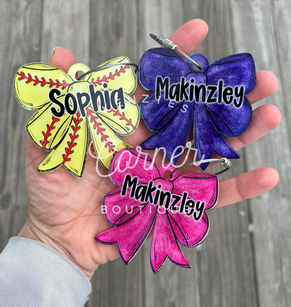 Customized colors and softball BOW bag tag