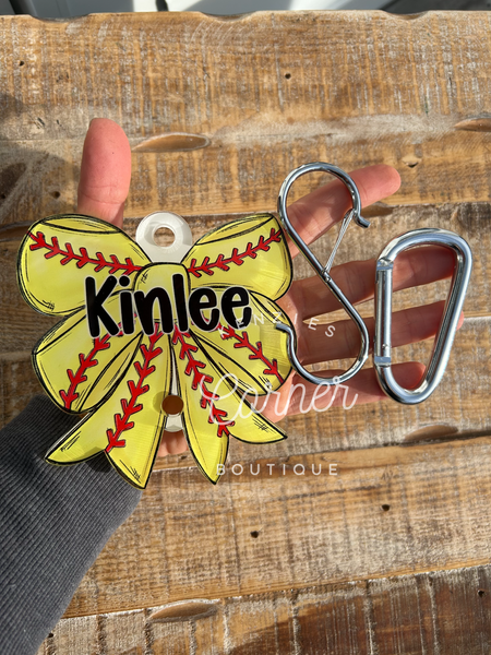 Customized Acrylic softball BOW or baseball bag hook tag