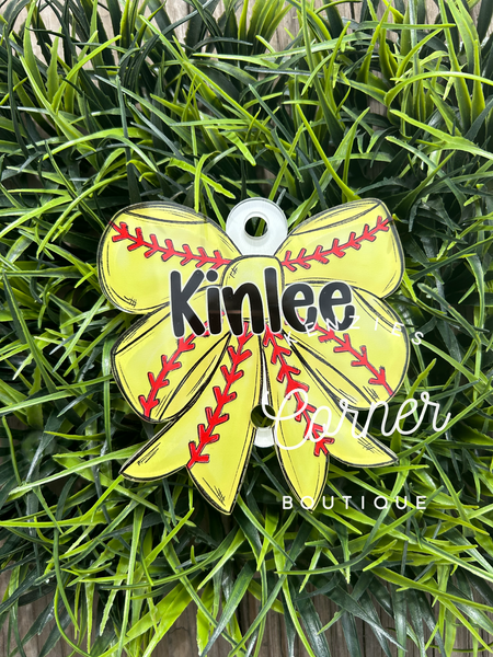 Customized Acrylic softball BOW or baseball bag hook tag