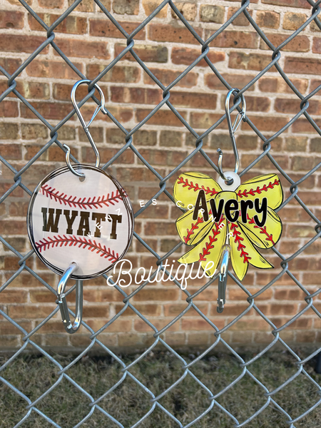 Customized Acrylic softball BOW or baseball bag hook tag