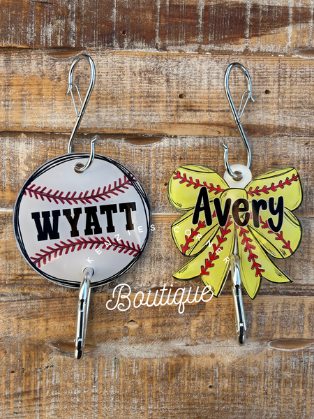 Customized Acrylic softball BOW or baseball bag hook tag