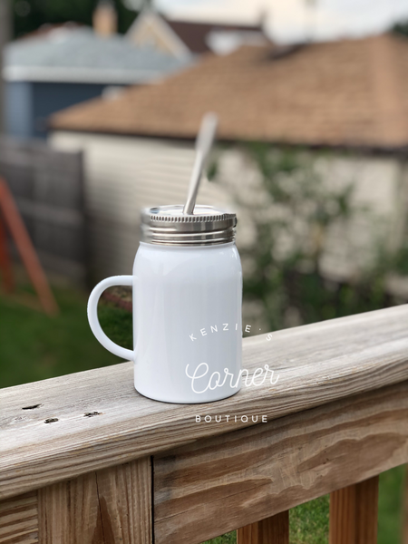 Blank 16 ounce white mason jar HANDLE with straw tumbler for sublimation
