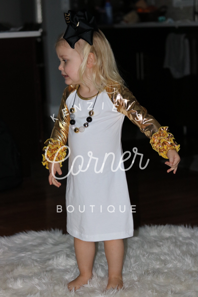 Long sleeve ruffle gown metallic Gold with and without elastic bottom (A7)