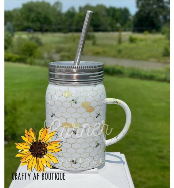 Blank 16 ounce white mason jar HANDLE with straw tumbler for sublimation